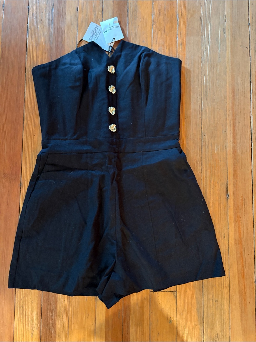Generation Love Black Strapless Romper with Gold Buttons